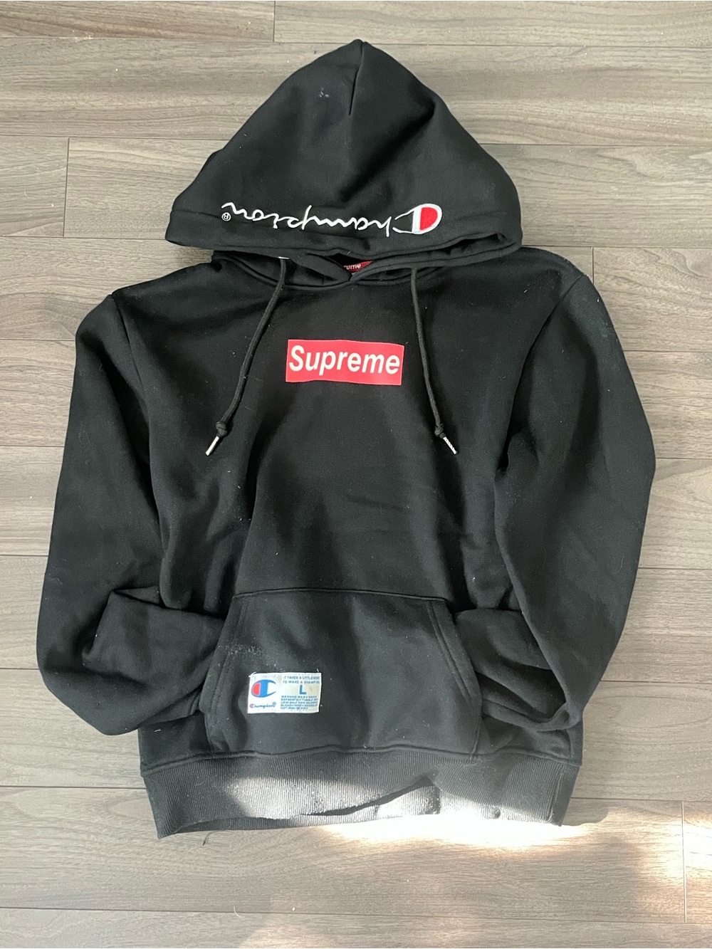 supreme x champion black hoodie size L